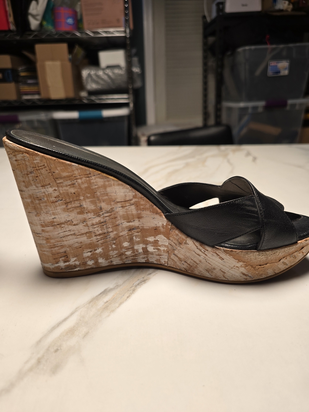 Stuart Weitzman Over It Black Leather Cork Wedge Sandals